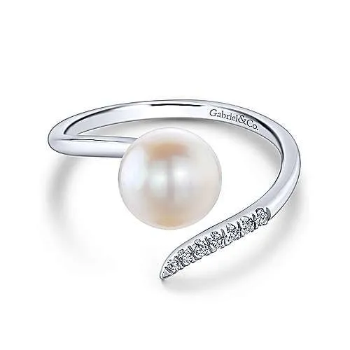 14K White Gold Cultured Pearl and Diamond Open Wrap Ring