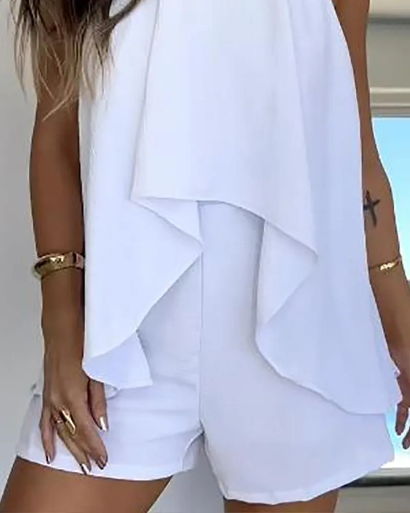 2 Pieces Outfit Halter Neck Sleeveless Tank and Casual Flowy Strechy Waist Shorts Set