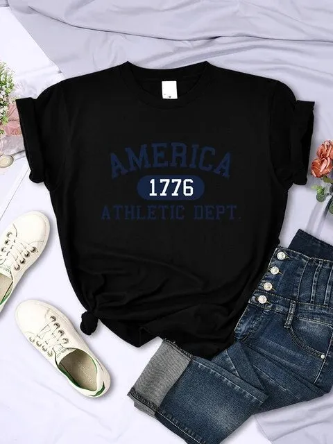 America 1776 Athletic Dept. Letter T-Shirt – Women's Sport Casual Crop Top, Cool Hip Hop Tee, Soft & Breathable
