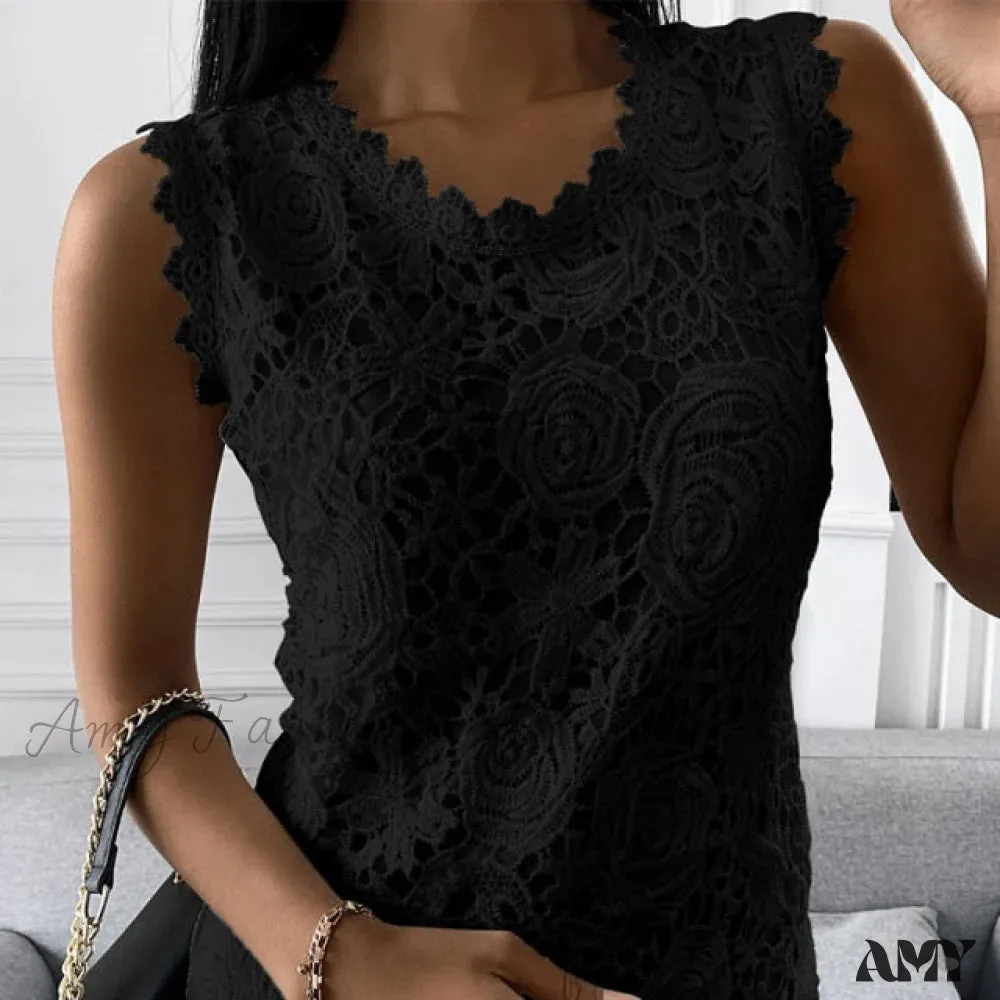 Amy Fashion - Lace Jacquard Sleeveless Casual vintage T-Shirt