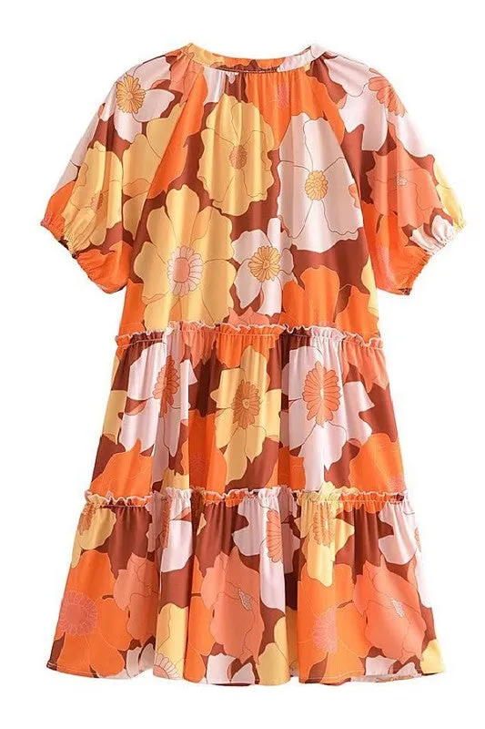 Autumn Floral Print V Neck S/S Dress