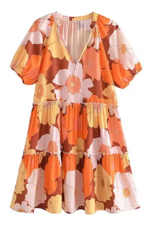 Autumn Floral Print V Neck S/S Dress