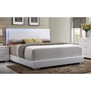 Ayleen King Bed w/LED Headboard, White Faux Leather & Chrome Leg