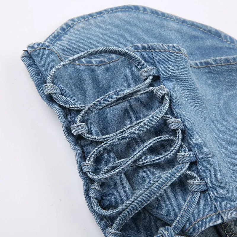 Blue Strapless Denim Heart Shape Top