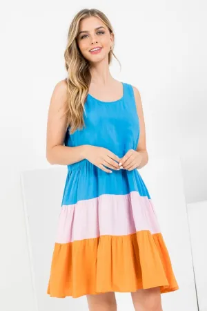 Blu/Pnk/Org Color-blocked Tank Dress
