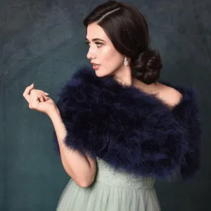 Brides Navy Blue Marabou Feather Wrap, Vintage Inspired Shrug, Stole 1298