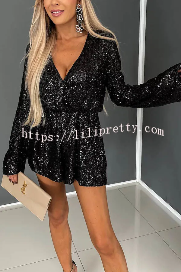 Chic Aspirations Sequin Elastic Waist Wrap Loose Romper