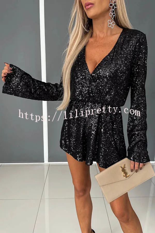 Chic Aspirations Sequin Elastic Waist Wrap Loose Romper
