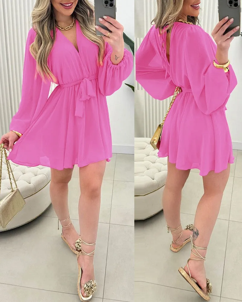 Chiffon V Neck Long Sleeve Romper Tied Detail Backless Skort Overall