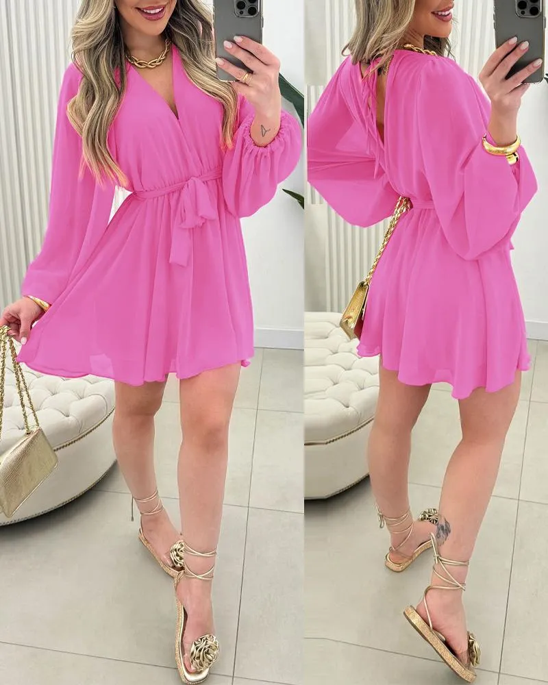 Chiffon V Neck Long Sleeve Romper Tied Detail Backless Skort Overall