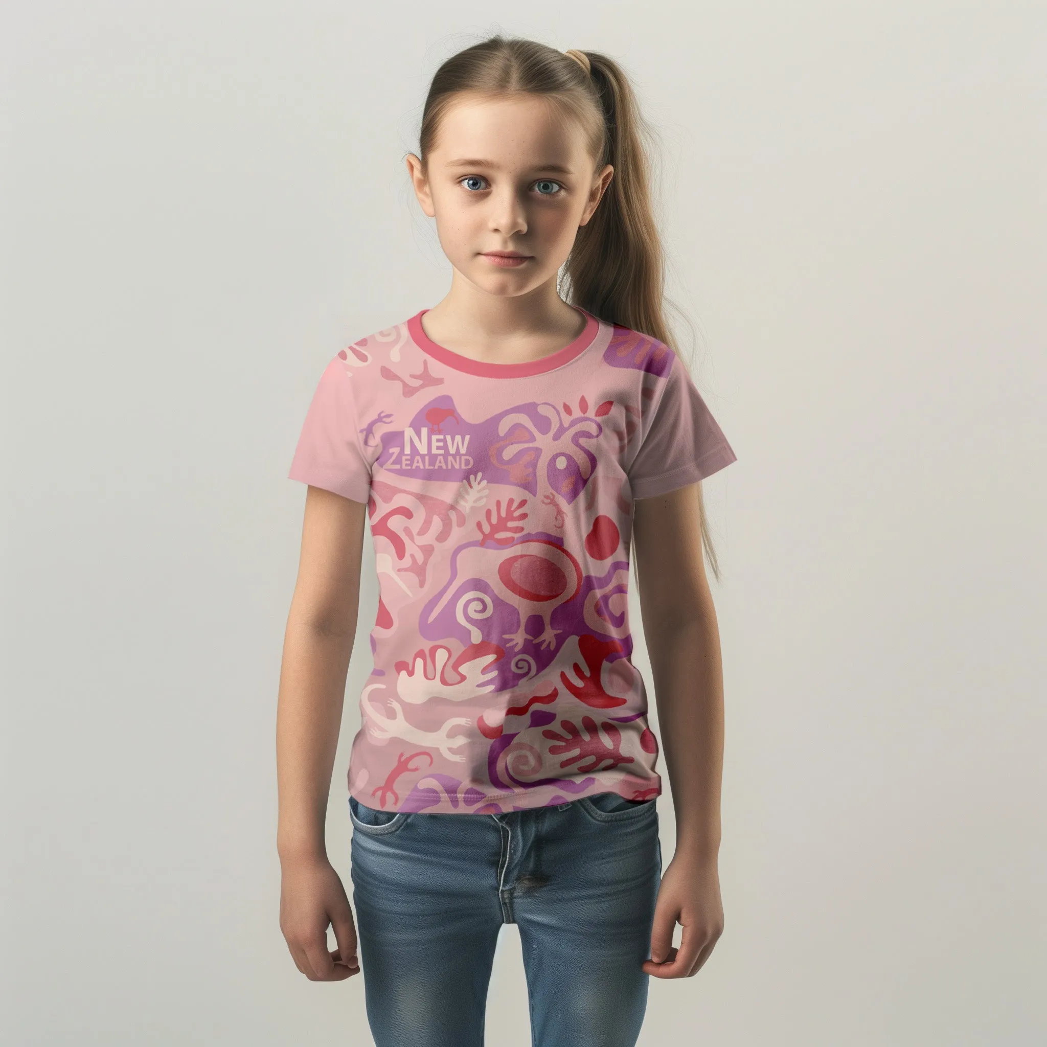 Childrens New Zealand T Shirt - Pink Camo