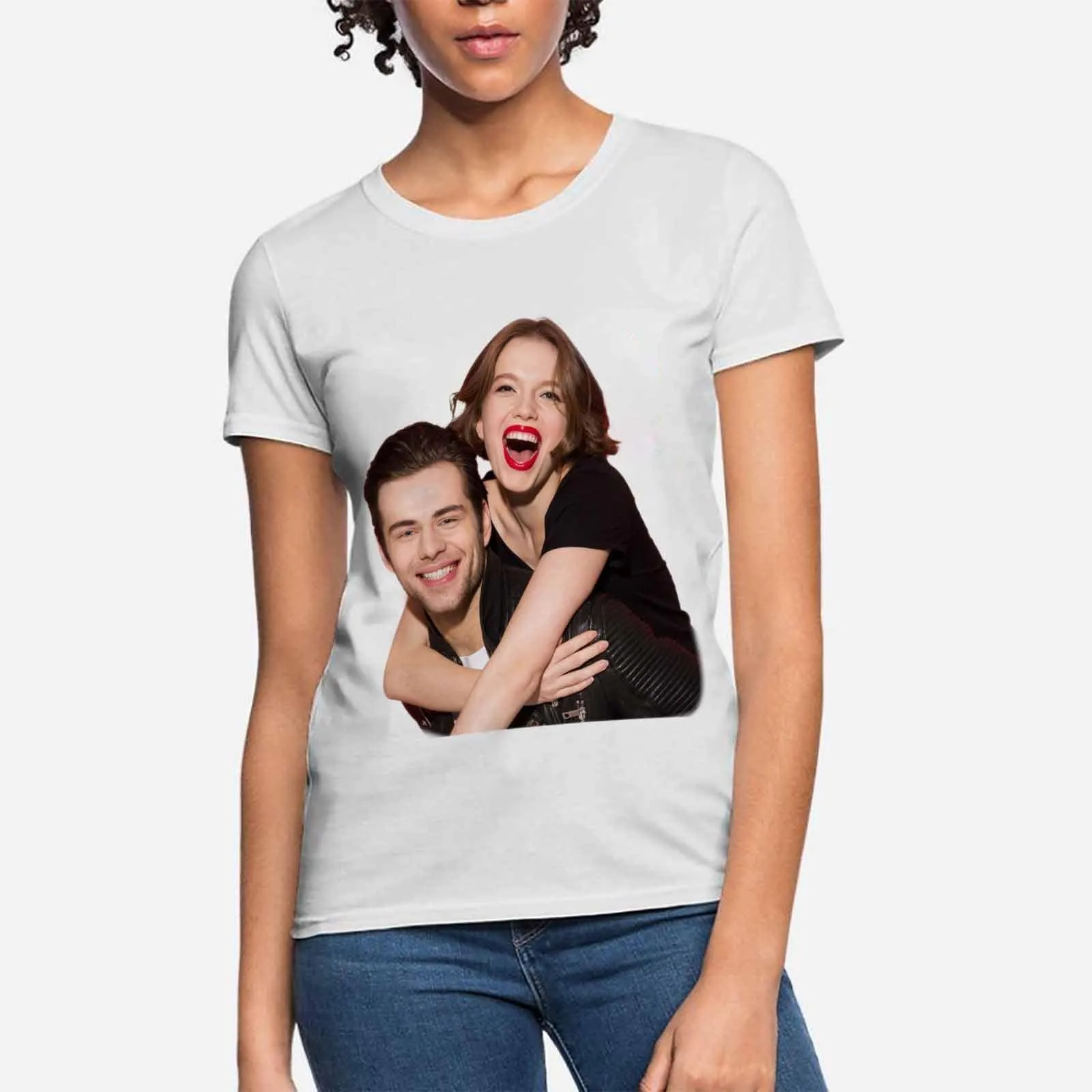 Custom Photo Shirts Happy Couple Tee Personalized Women's All Over Print T-shirt Gifts for Birthday Holidays Anniversary