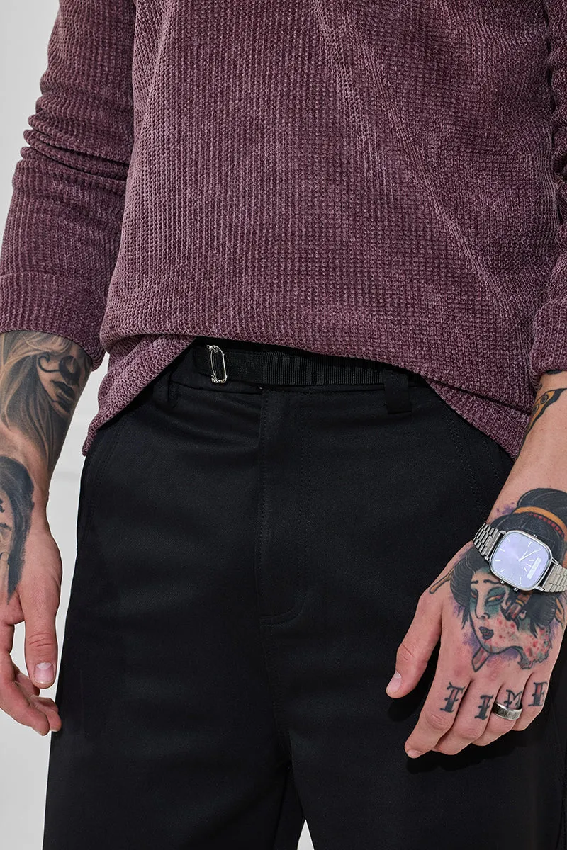 Dark Black Mid Rise Relaxed Fit Parachute Pants