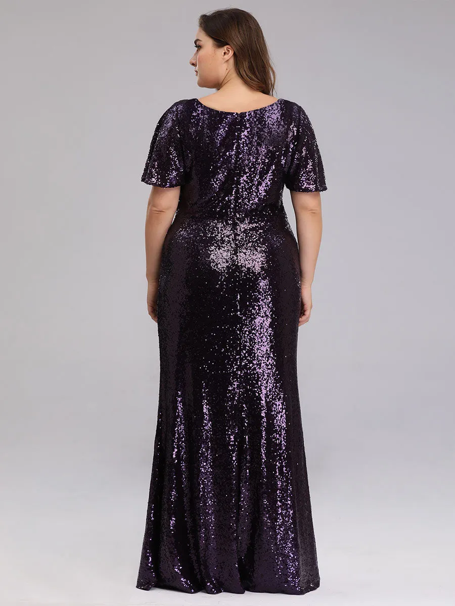 Ever-Pretty Ruffled Sleeves Deep V With Split Evening dresses EP00928