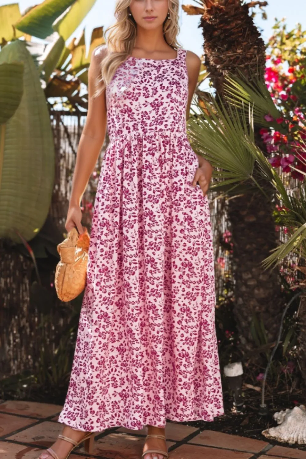 Floral Cutout Back Square Neck Maxi Dress