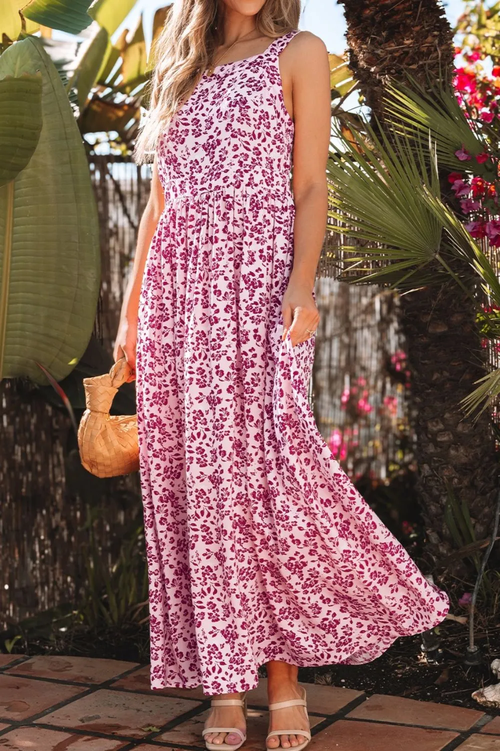 Floral Cutout Back Square Neck Maxi Dress