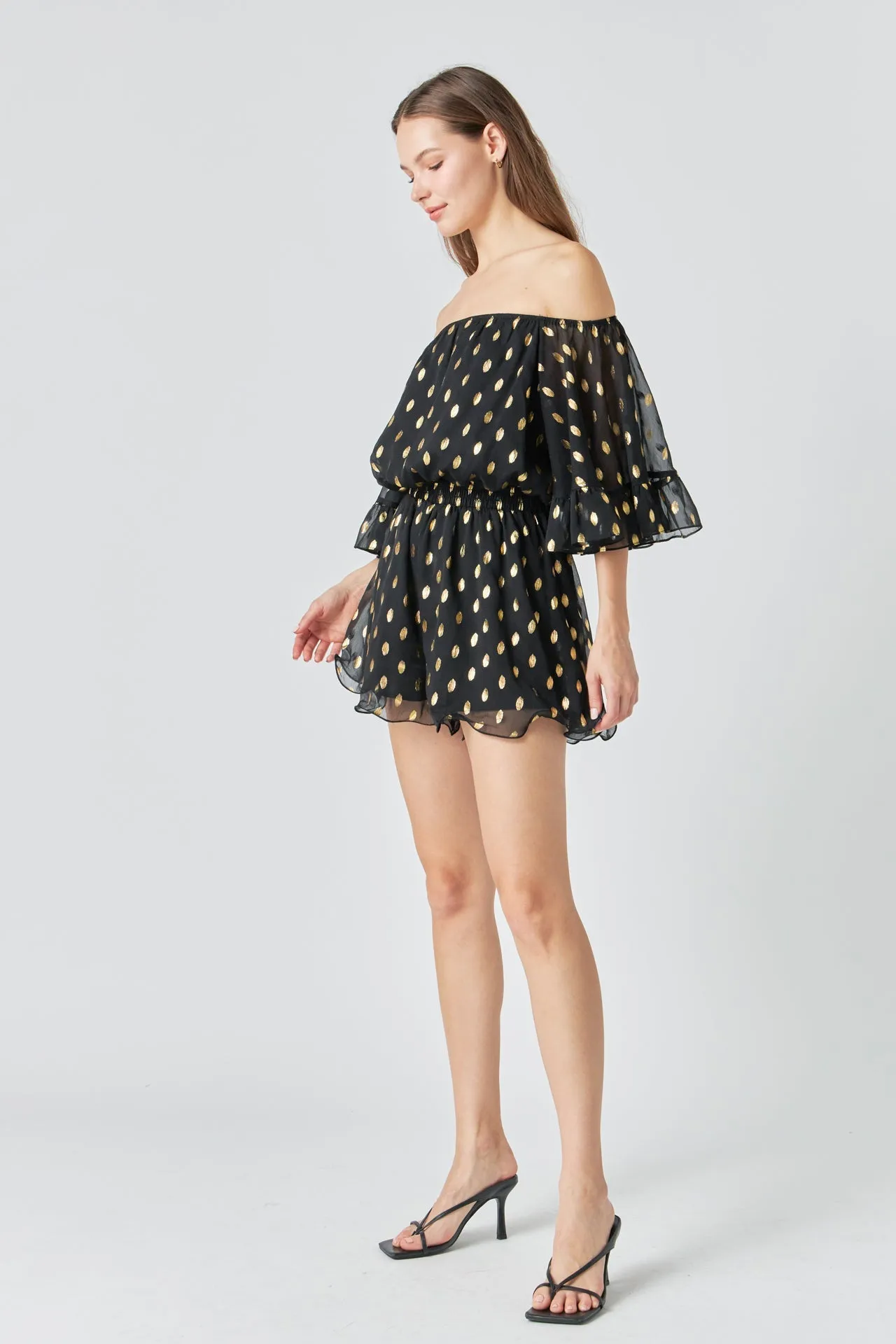 Foil Print Off-Shoulder Romper