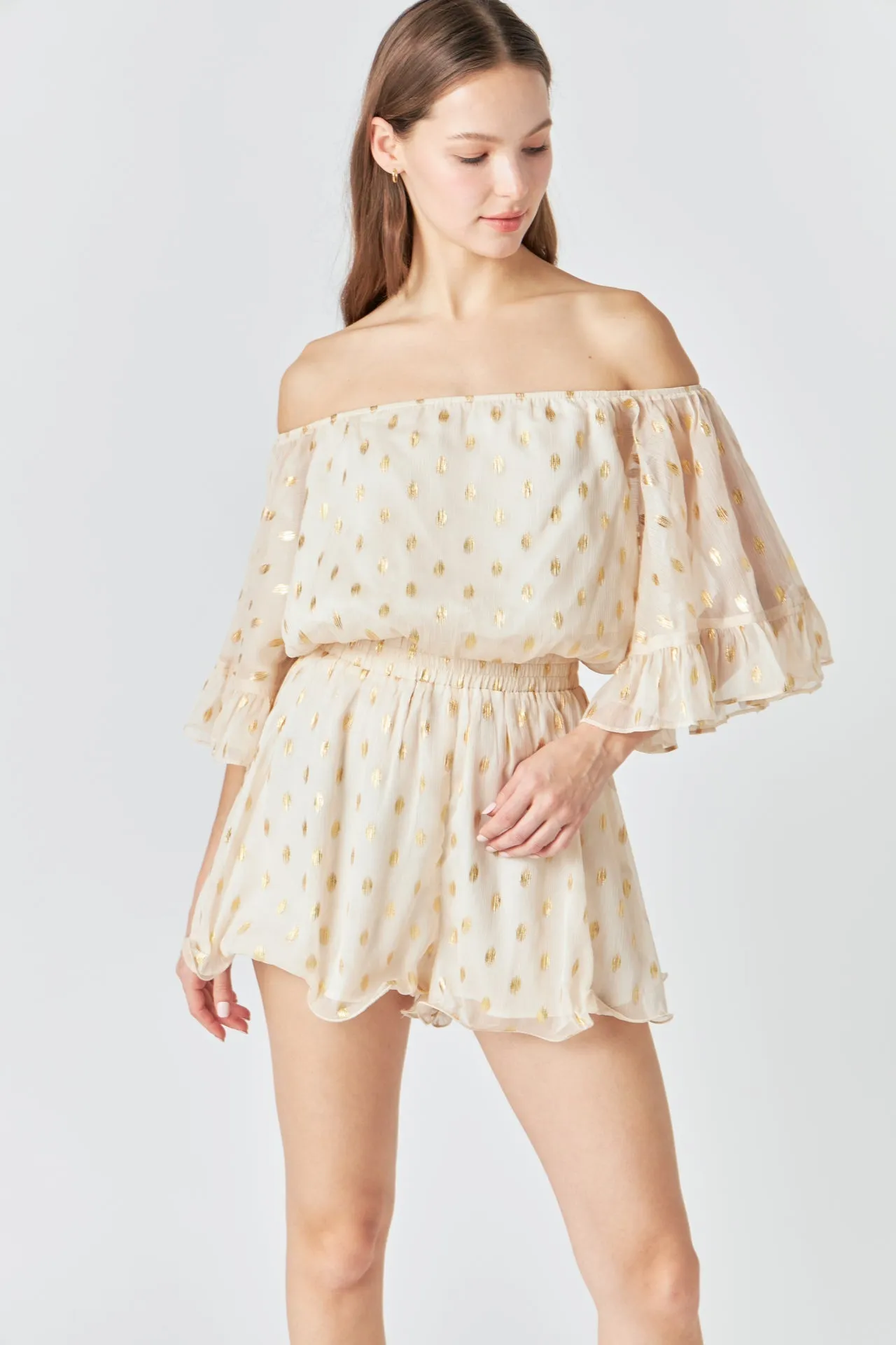Foil Print Off-Shoulder Romper