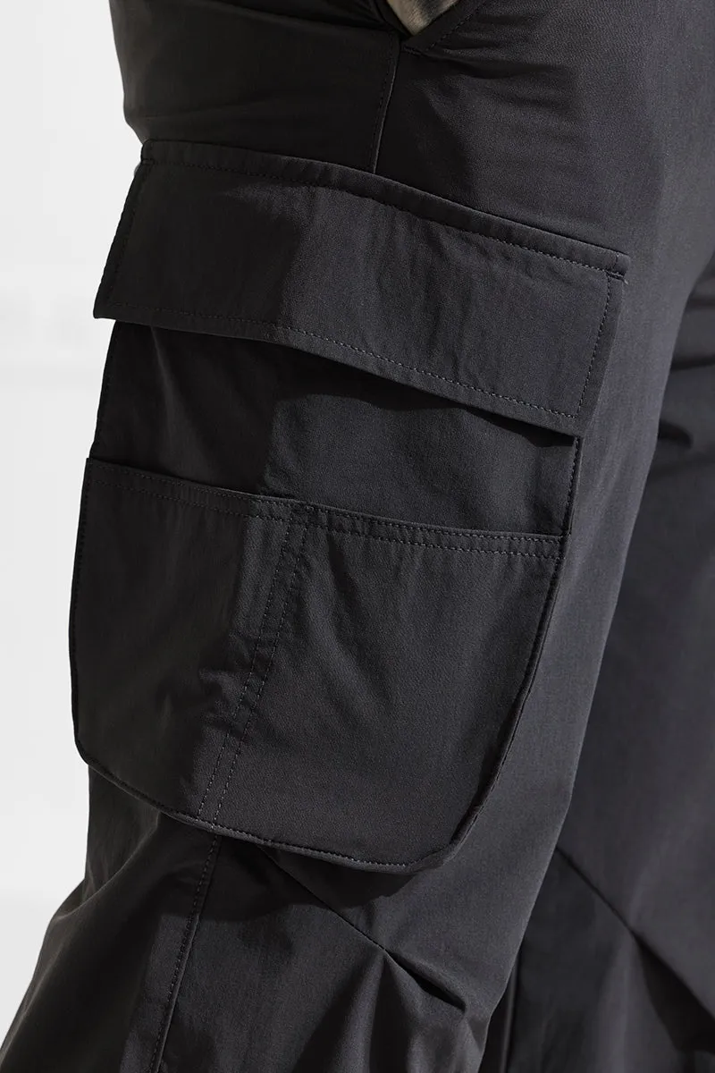 Grey Mid Rise Relaxed Fit Parachute Pants
