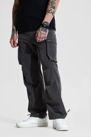 Grey Mid Rise Relaxed Fit Parachute Pants