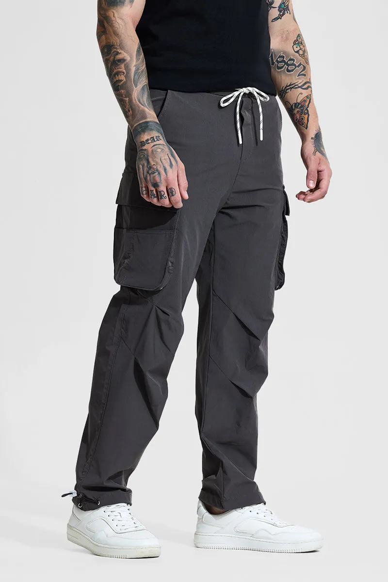 Grey Mid Rise Relaxed Fit Parachute Pants