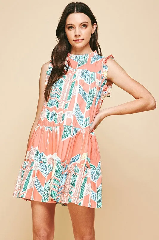 Ikat Ruffle Neck/Slv Tiered Dress