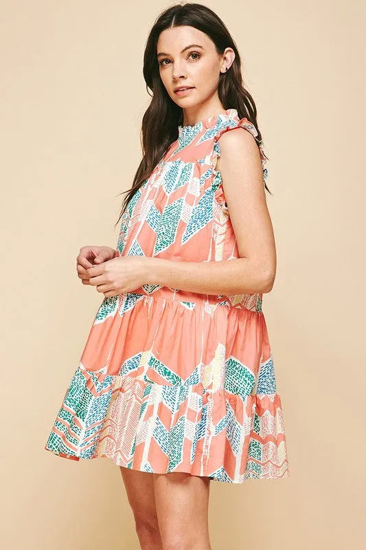 Ikat Ruffle Neck/Slv Tiered Dress