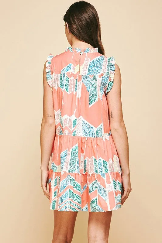 Ikat Ruffle Neck/Slv Tiered Dress