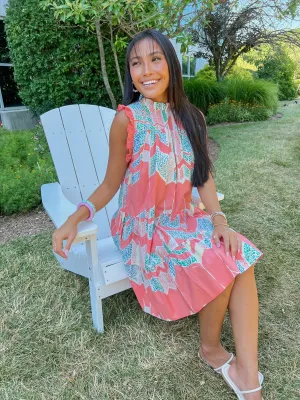 Ikat Ruffle Neck/Slv Tiered Dress