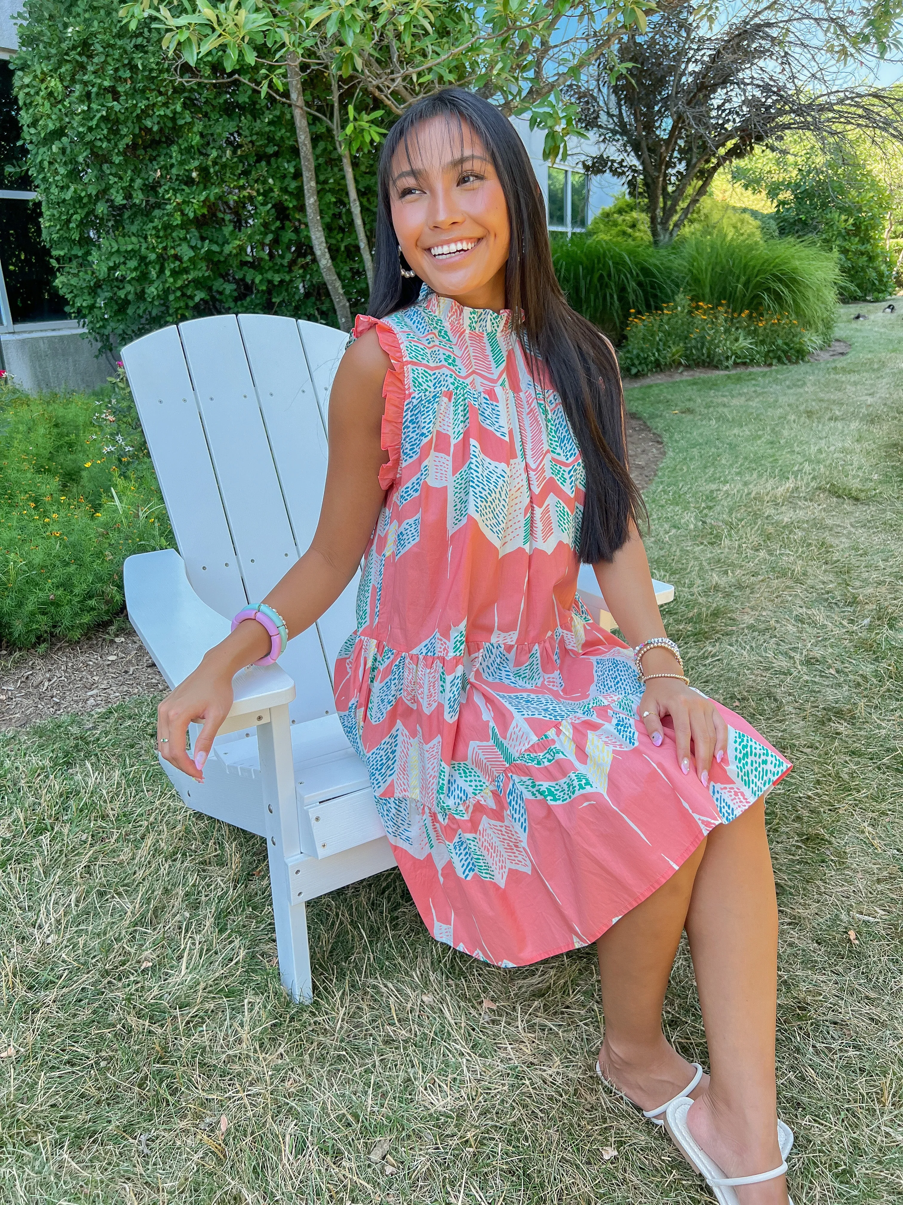 Ikat Ruffle Neck/Slv Tiered Dress