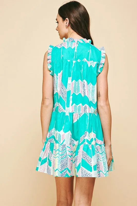 Ikat Ruffle Neck/Slv Tiered Dress
