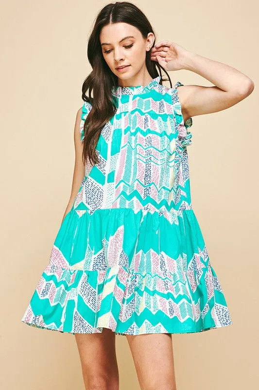 Ikat Ruffle Neck/Slv Tiered Dress