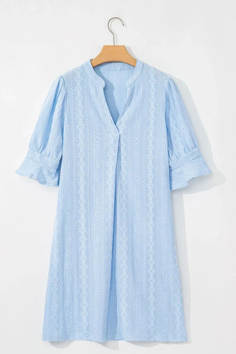 Jacquard Texture Flared Short Sleeve Notched Neck Mini Dress