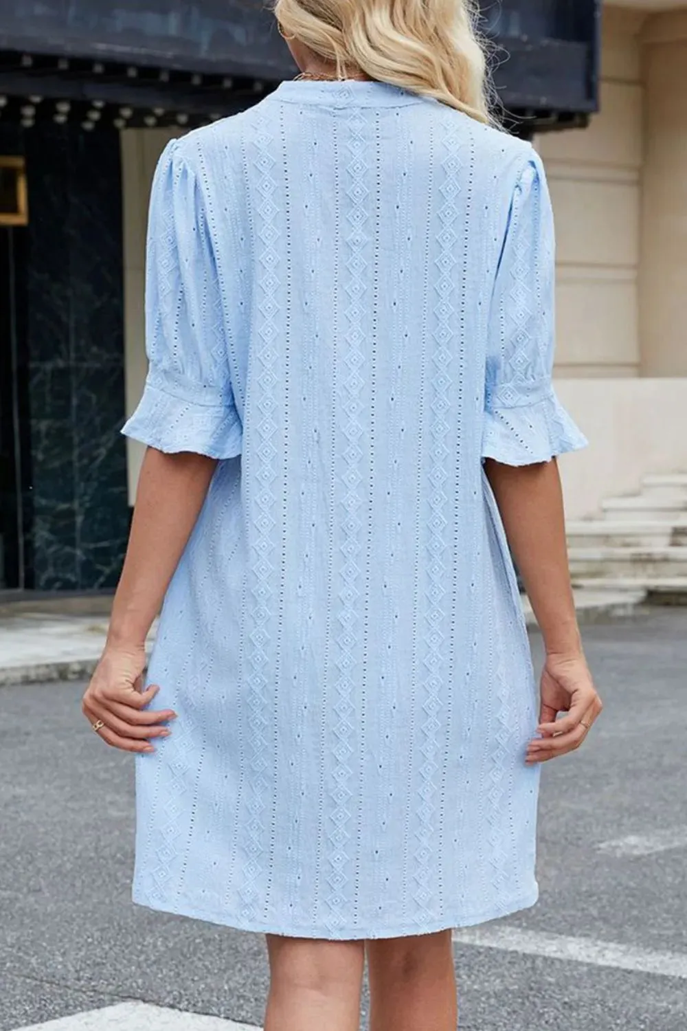 Jacquard Texture Flared Short Sleeve Notched Neck Mini Dress