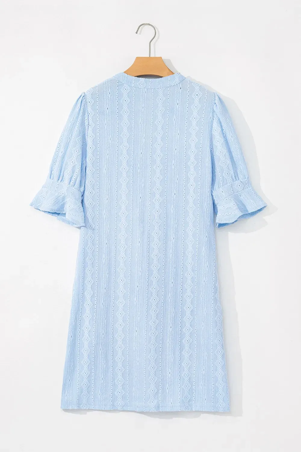 Jacquard Texture Flared Short Sleeve Notched Neck Mini Dress