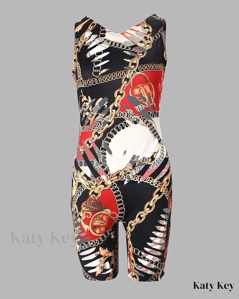 KatyKey - Chic Chain Print Sleeveless Skinny Romper with Cutout Sleeve Detailing