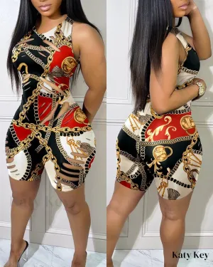 KatyKey - Chic Chain Print Sleeveless Skinny Romper with Cutout Sleeve Detailing