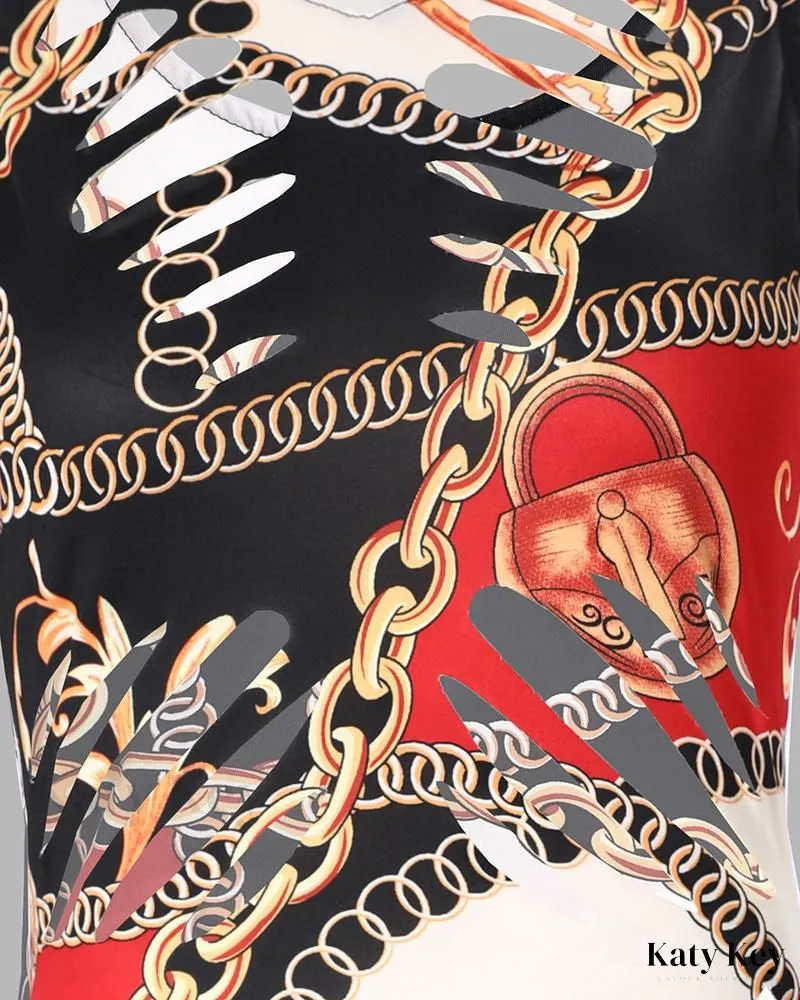 KatyKey - Chic Chain Print Sleeveless Skinny Romper with Cutout Sleeve Detailing