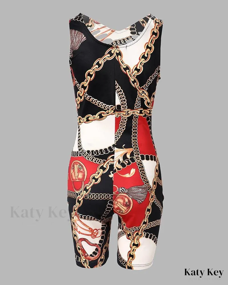 KatyKey - Chic Chain Print Sleeveless Skinny Romper with Cutout Sleeve Detailing