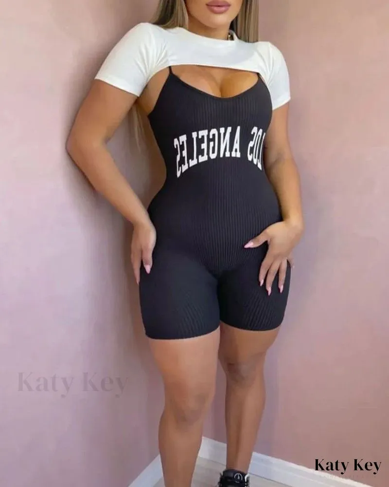 KatyKey - Chic Letter Printed Spaghetti Strap Romper Set featuring Crop Top