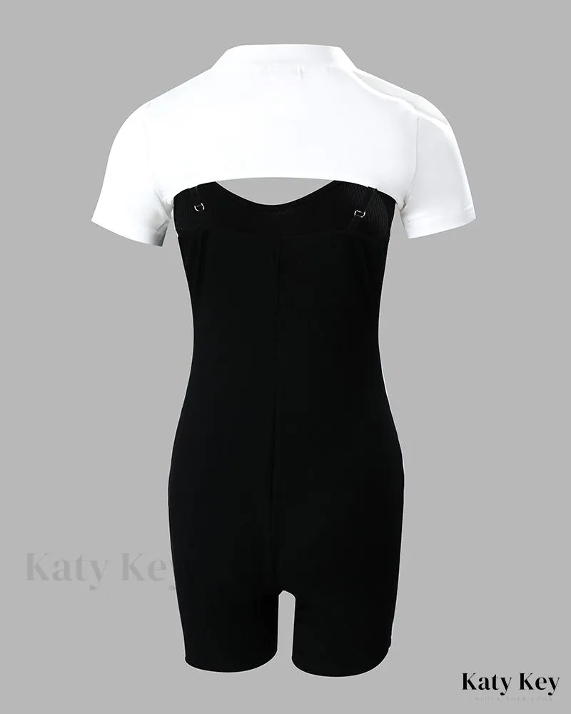 KatyKey - Chic Letter Printed Spaghetti Strap Romper Set featuring Crop Top