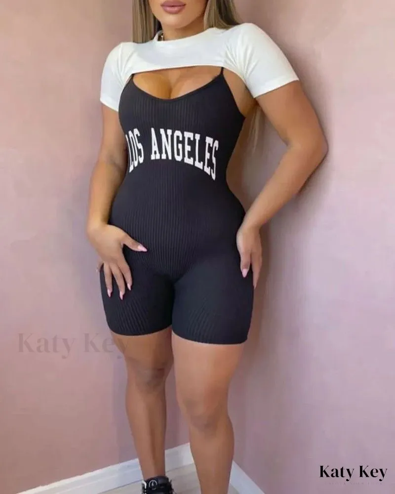 KatyKey - Chic Letter Printed Spaghetti Strap Romper Set featuring Crop Top
