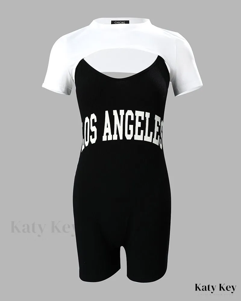 KatyKey - Chic Letter Printed Spaghetti Strap Romper Set featuring Crop Top
