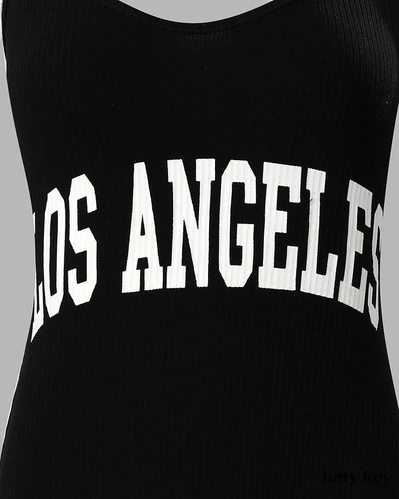 KatyKey - Chic Letter Printed Spaghetti Strap Romper Set featuring Crop Top
