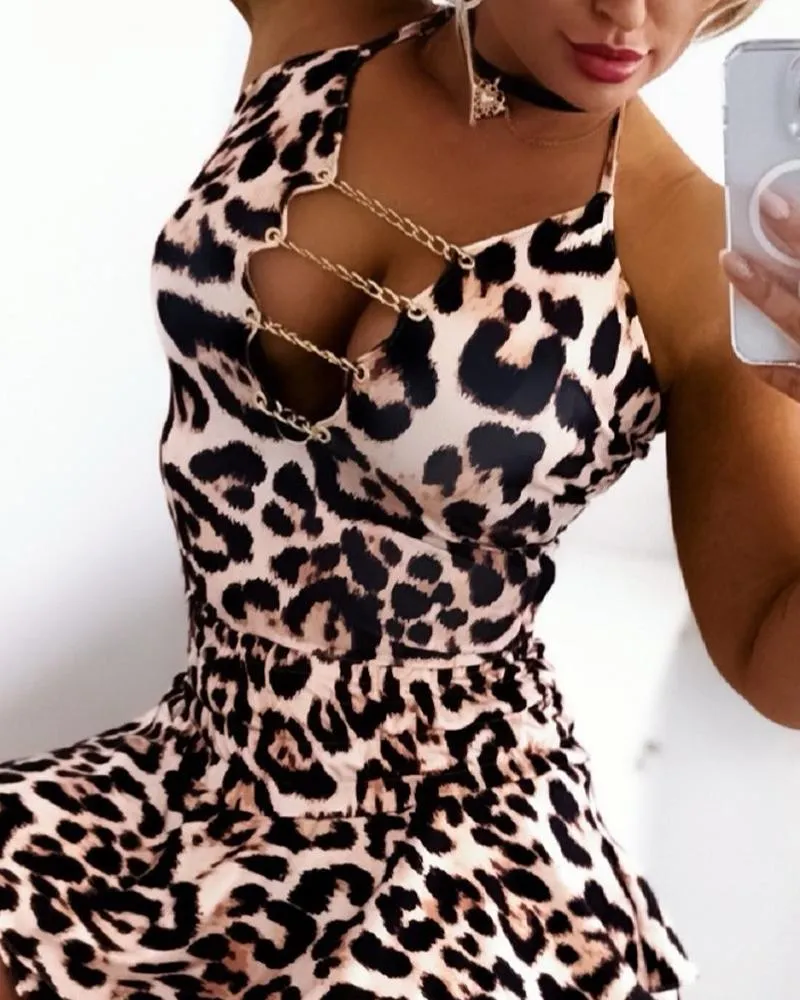 Leopard Print Halter Chain Decor Romper