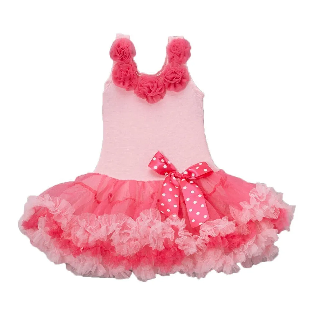 Little Girls Pink 5 Roses Embellishment Ruffle Petti Dress S-XL