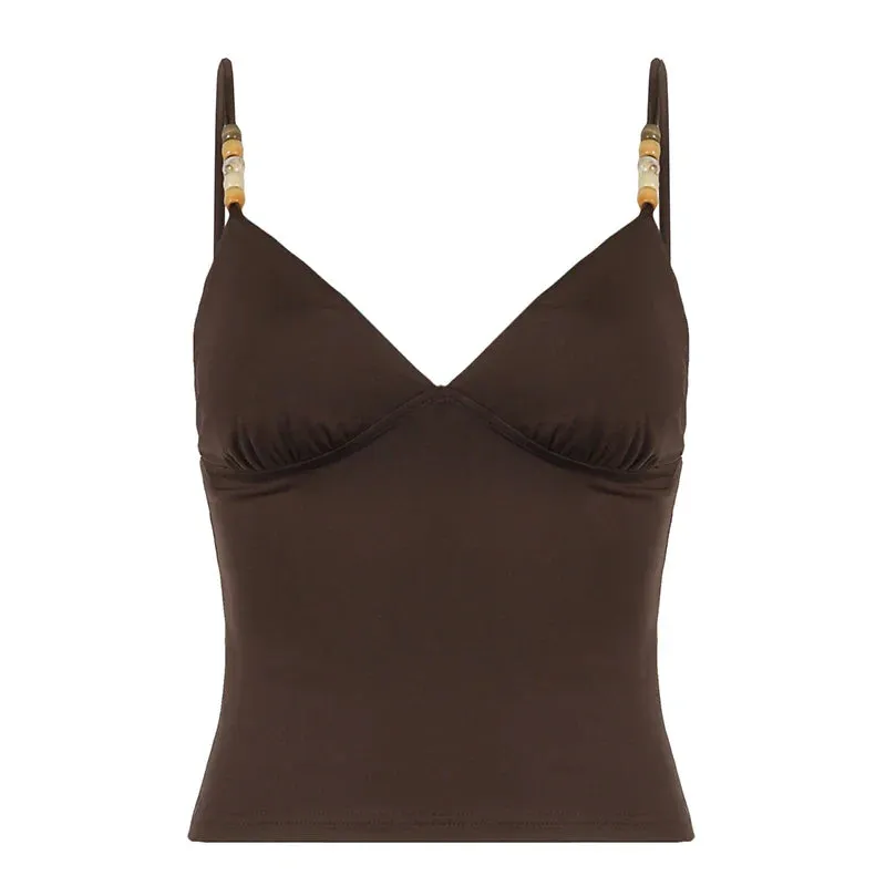 Metaversmall Vintage Brown Strap Beading Y2K Tops Camisole 2000s Aesthetic Skinny Mini Party Tops Holidays Solid Korean Cute Short