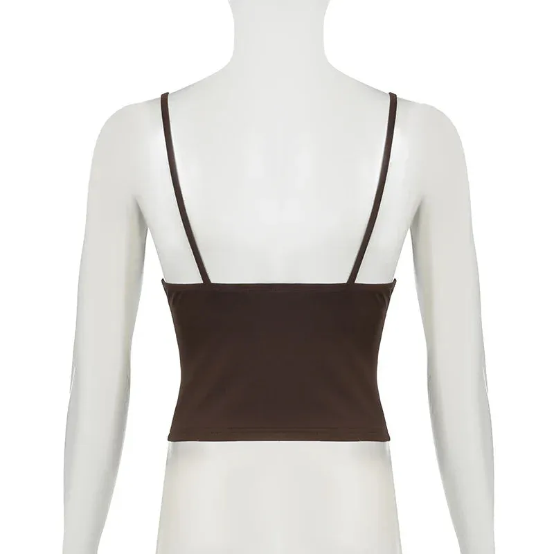 Metaversmall Vintage Brown Strap Beading Y2K Tops Camisole 2000s Aesthetic Skinny Mini Party Tops Holidays Solid Korean Cute Short
