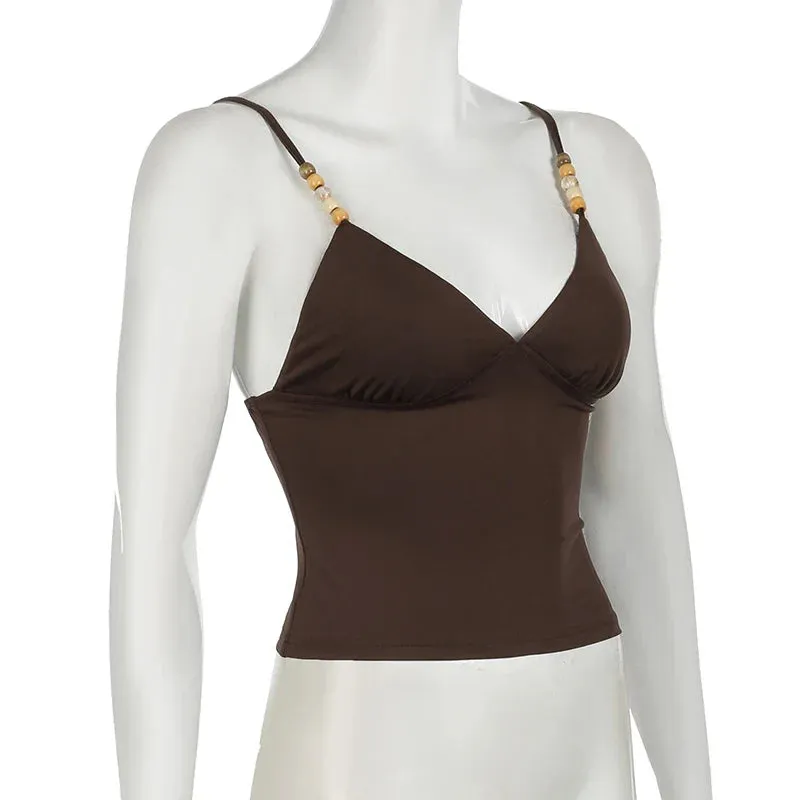 Metaversmall Vintage Brown Strap Beading Y2K Tops Camisole 2000s Aesthetic Skinny Mini Party Tops Holidays Solid Korean Cute Short