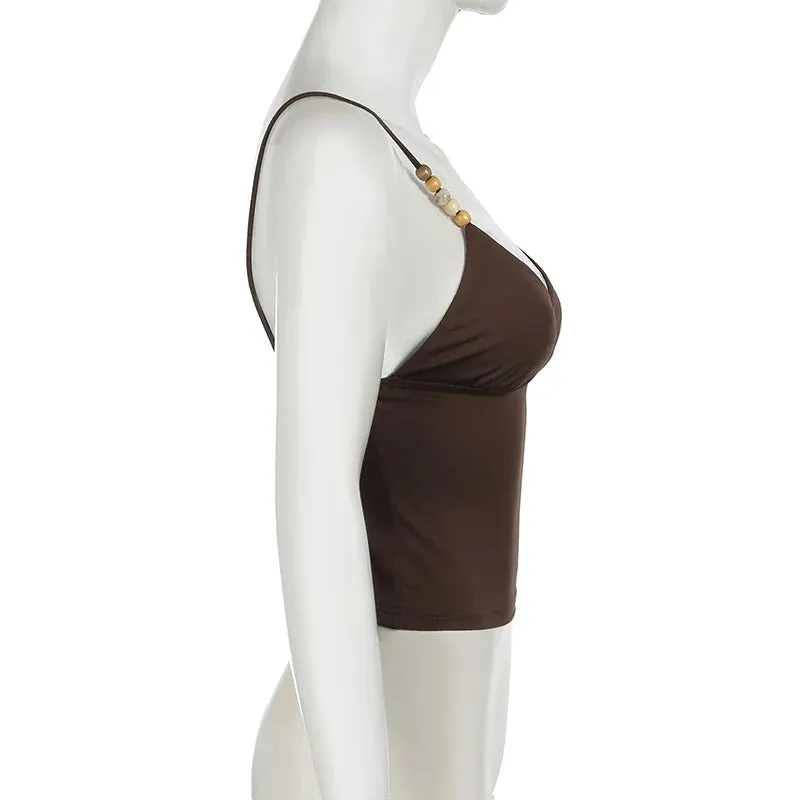Metaversmall Vintage Brown Strap Beading Y2K Tops Camisole 2000s Aesthetic Skinny Mini Party Tops Holidays Solid Korean Cute Short